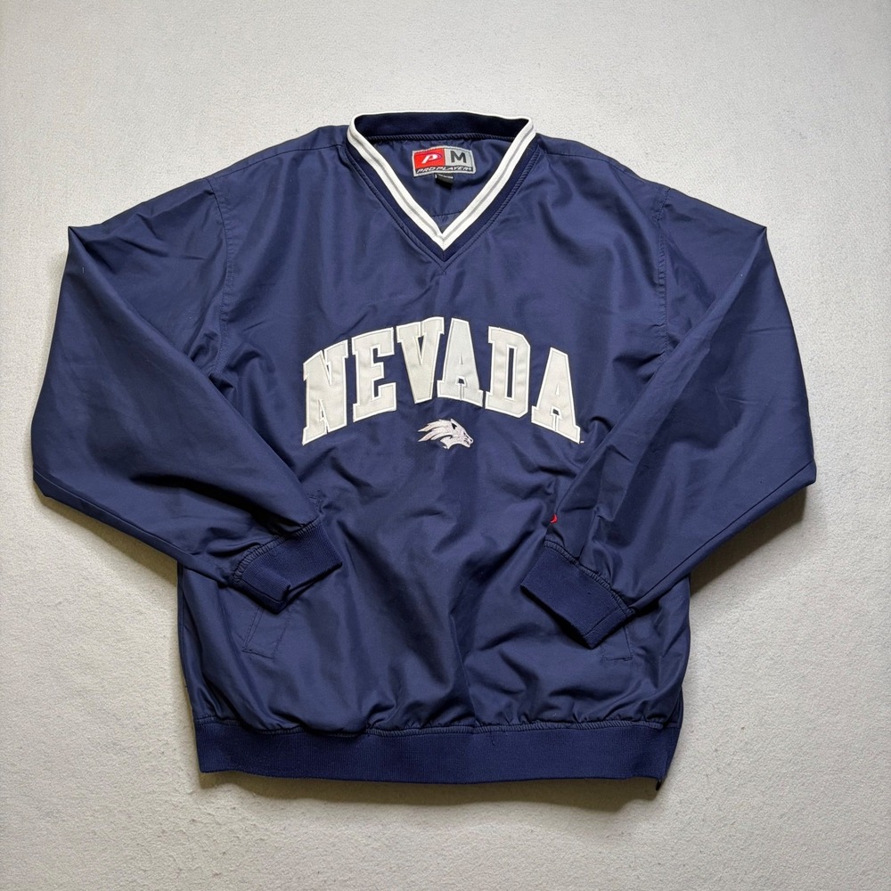 Pro Player Windbreaker Mens Medium Navy Nevada Wolf Pack Vintage V-Neck Pullover